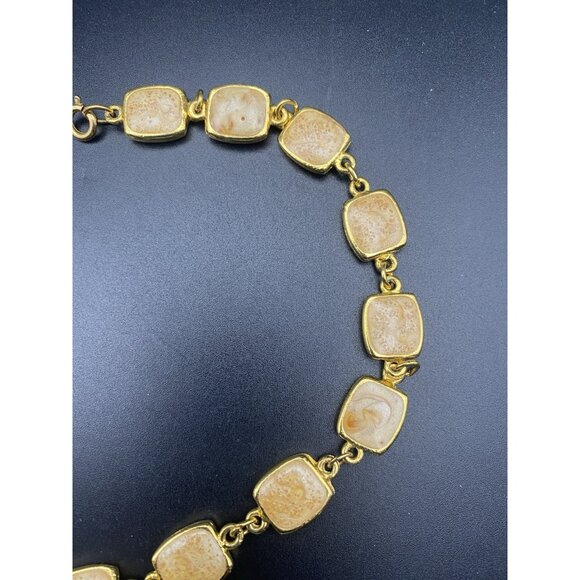 Creamy Champagne Enamel Necklace Vtg Flower Pendant Panel Link Gold 15.5" Choker - Picture 5 of 8